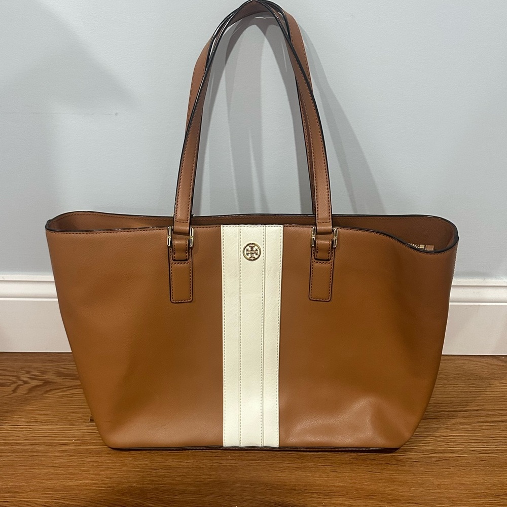 Tory Burch Brown and White Tote Bag